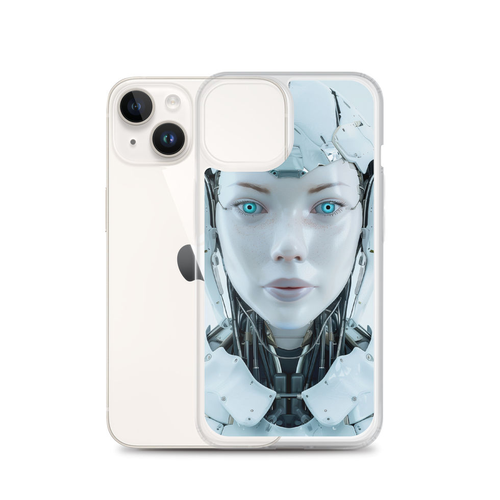 White silver robot face artwork on a slim clear iPhone cover – fitted iPhone case view