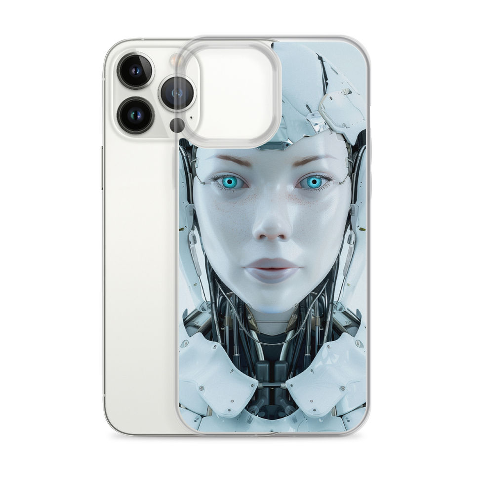 Front-facing AI woman with dark neck machinery on an iPhone clear case – transparent-edge phone preview