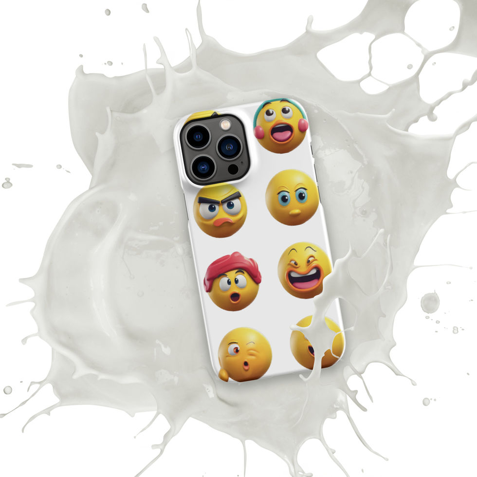 Emoji Frenzy snap iPhone case showing tongue-out emoji across its printed surface, over a white paint splash.