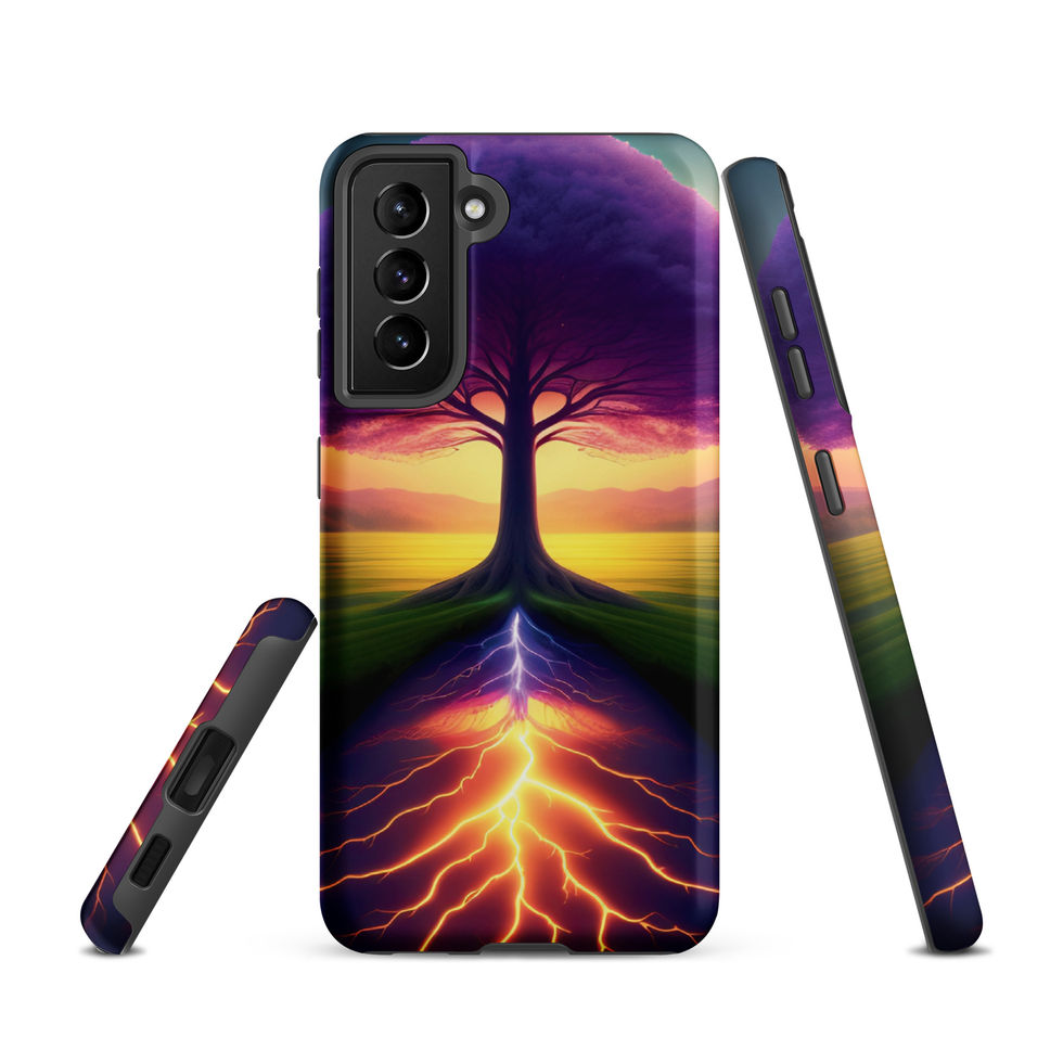 Ethereal Roots tough Samsung case with sunset colours reflected around a dark tree.