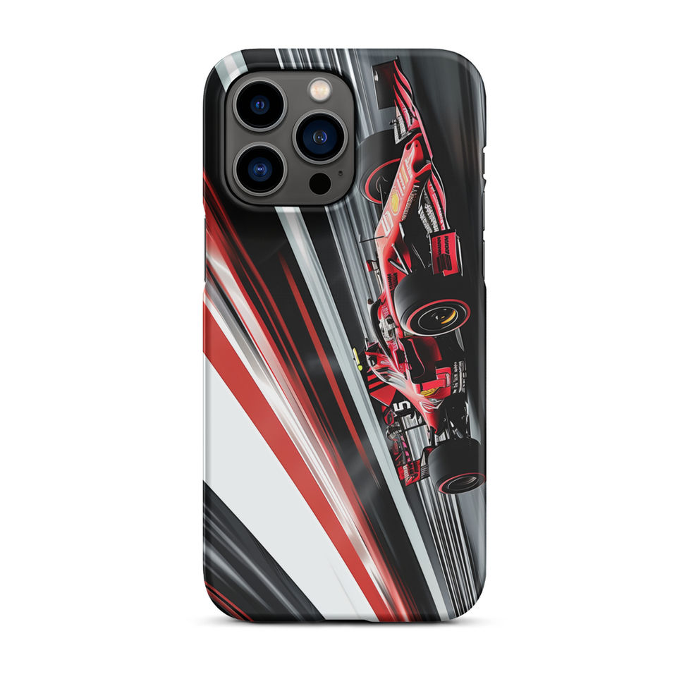 Velocity Strike Snap case for iPhone 14 Pro Max, red race car and diagonal track lines, rear view on white background