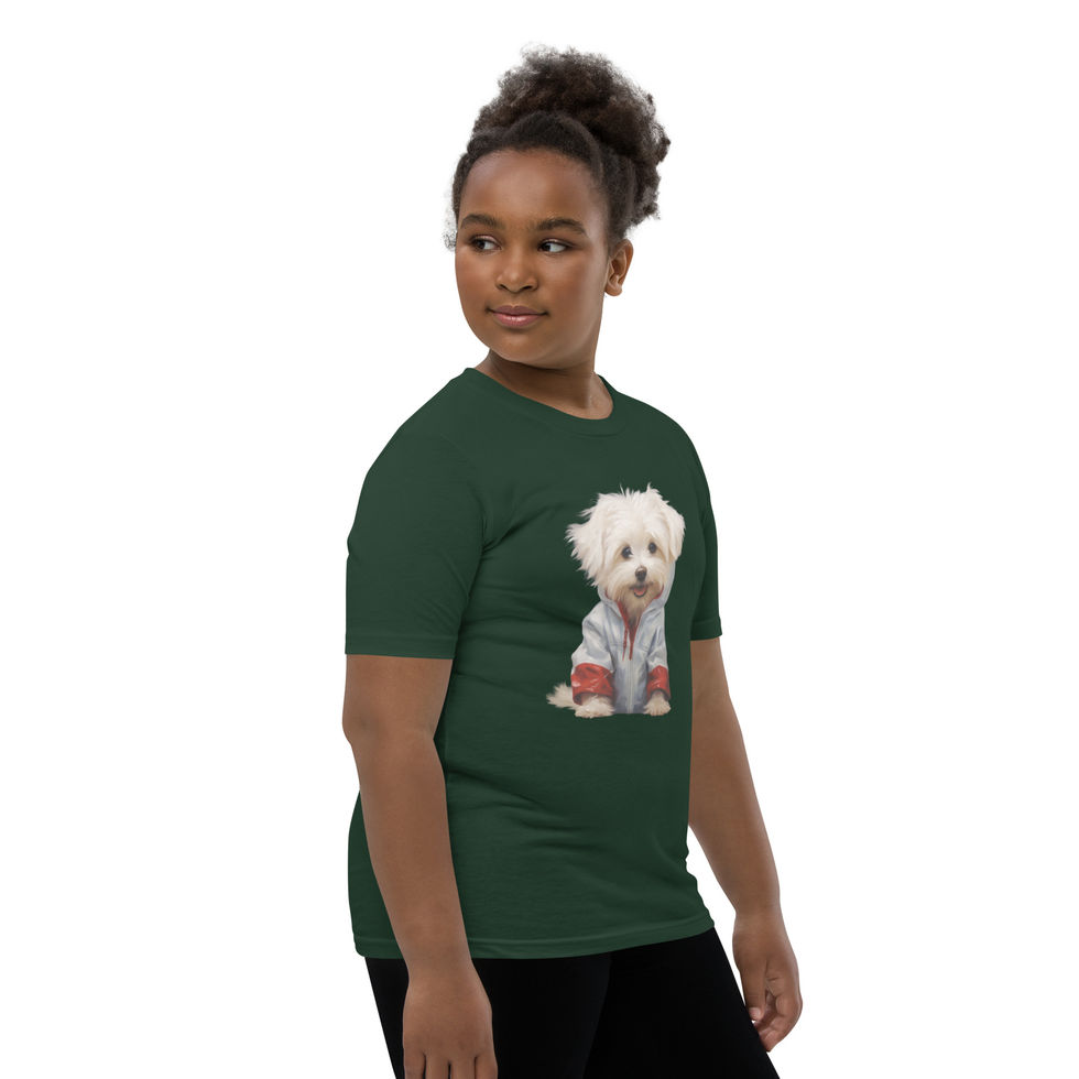 Rainy Day Maltese: forest green youth short-sleeve T-shirt with a puppy in a pale raincoat, child turned right