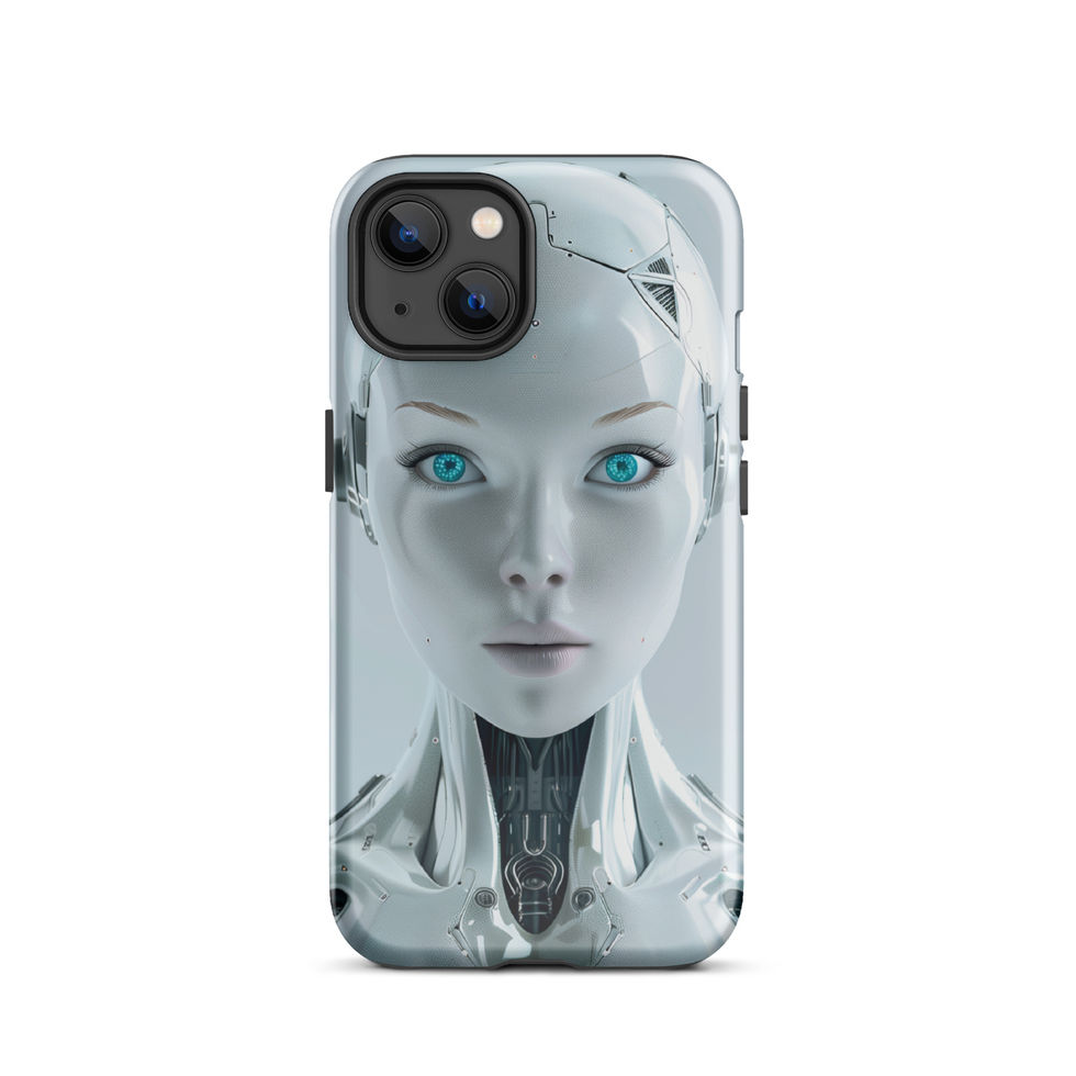 iPhone tough case featuring sculpted silver android facial panels
