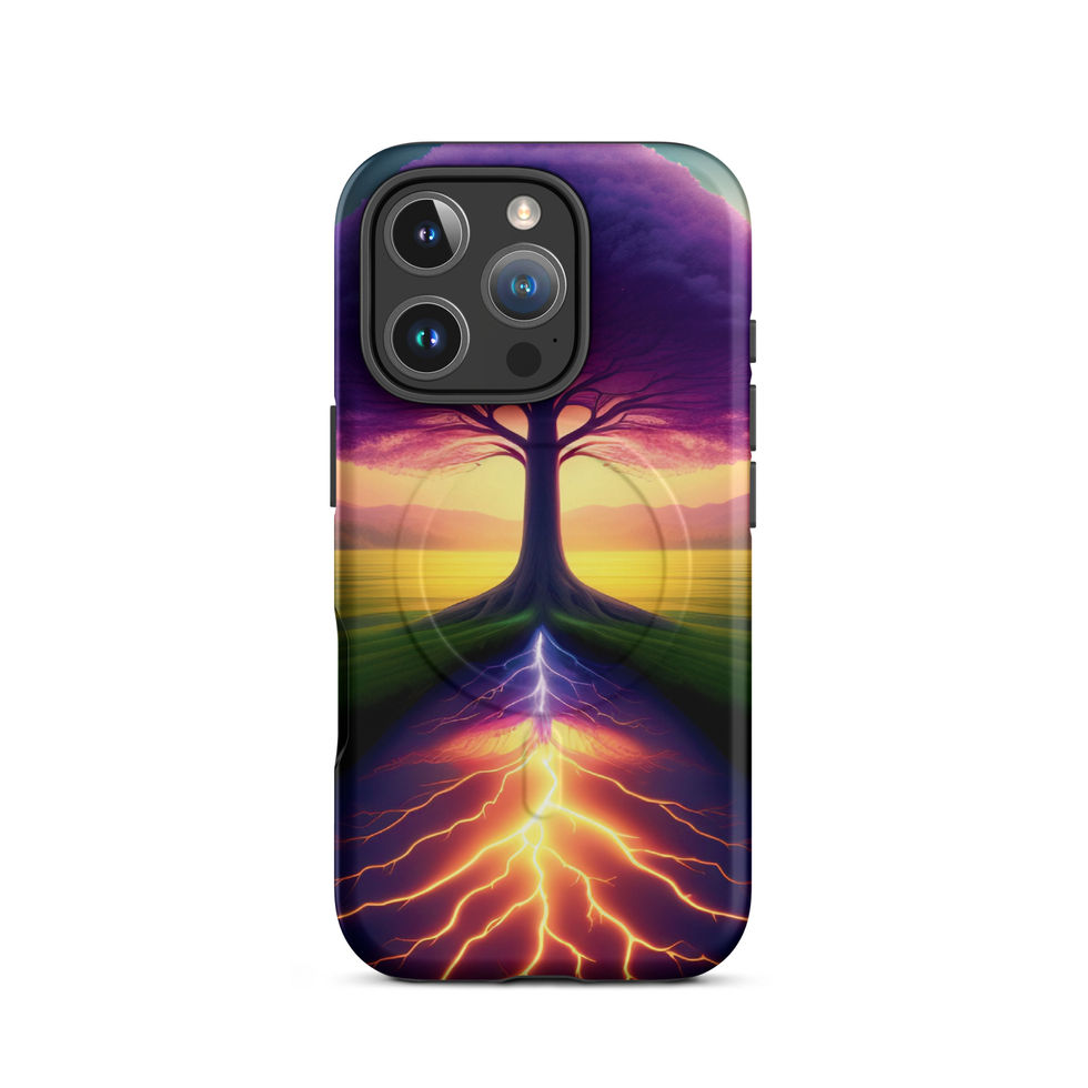 Ethereal Roots MagSafe iPhone case with dark branches framed by a violet crown.