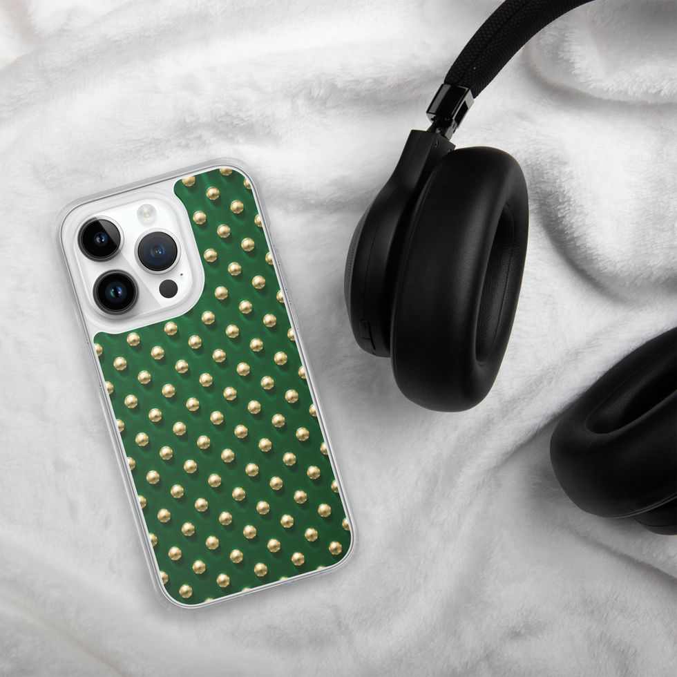 Emerald Gilt Dots clear case for iPhone 14 Pro, gold-look dots on emerald green, alternate view 2
