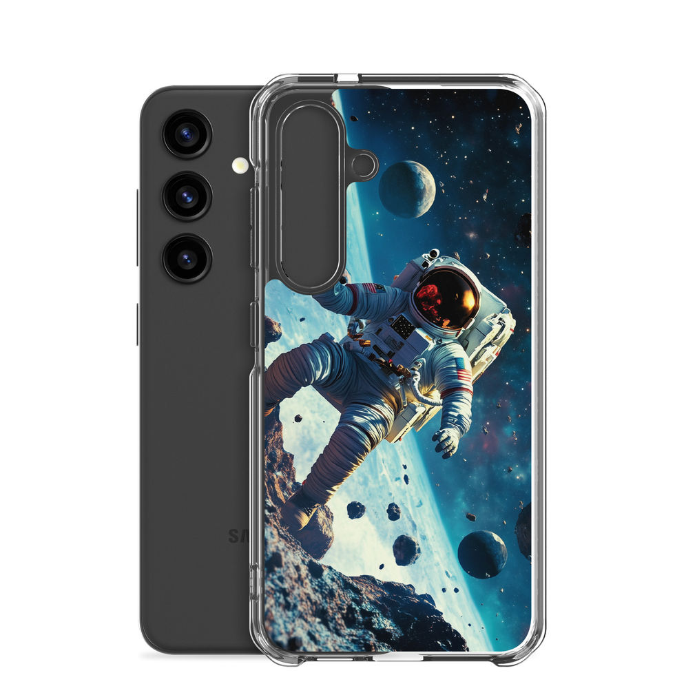 Asteroid Drift clear case on Samsung Galaxy S25, astronaut and blue space artwork over a light phone finish