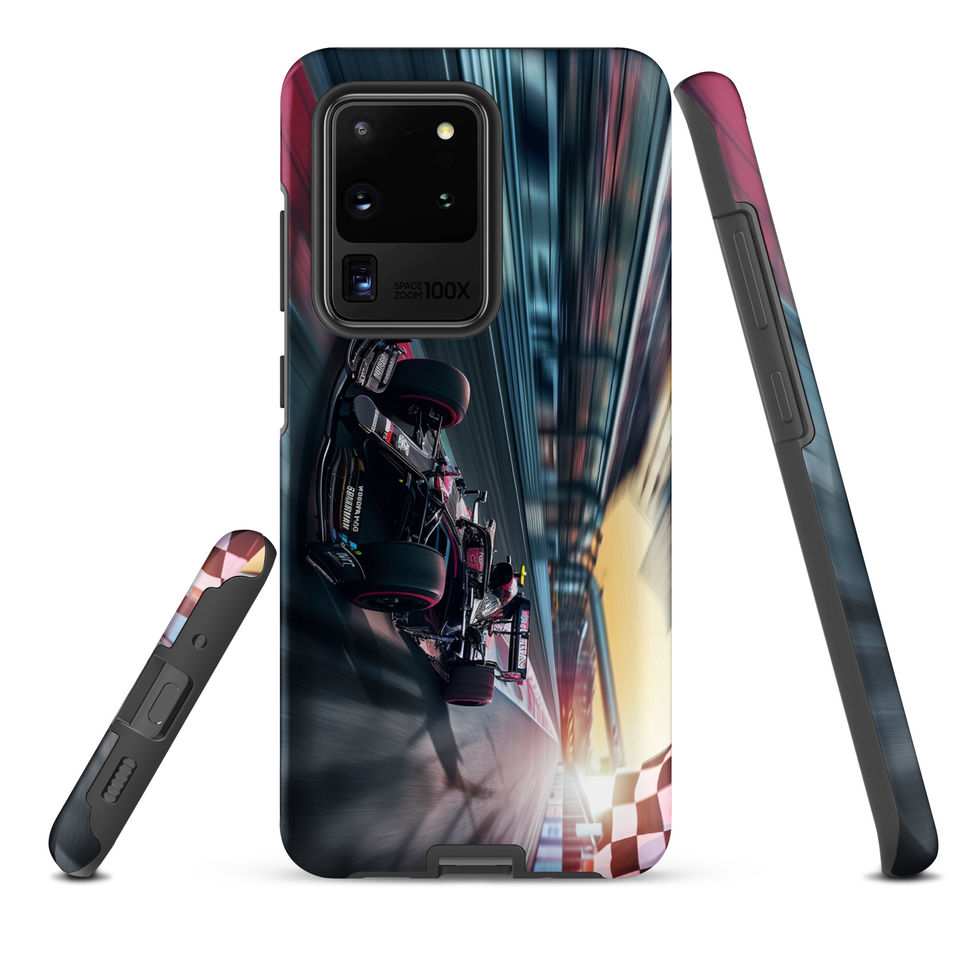 Final Lap Tough case for Galaxy S20 Ultra, dark race car and blurred track artwork, rear and side views on white