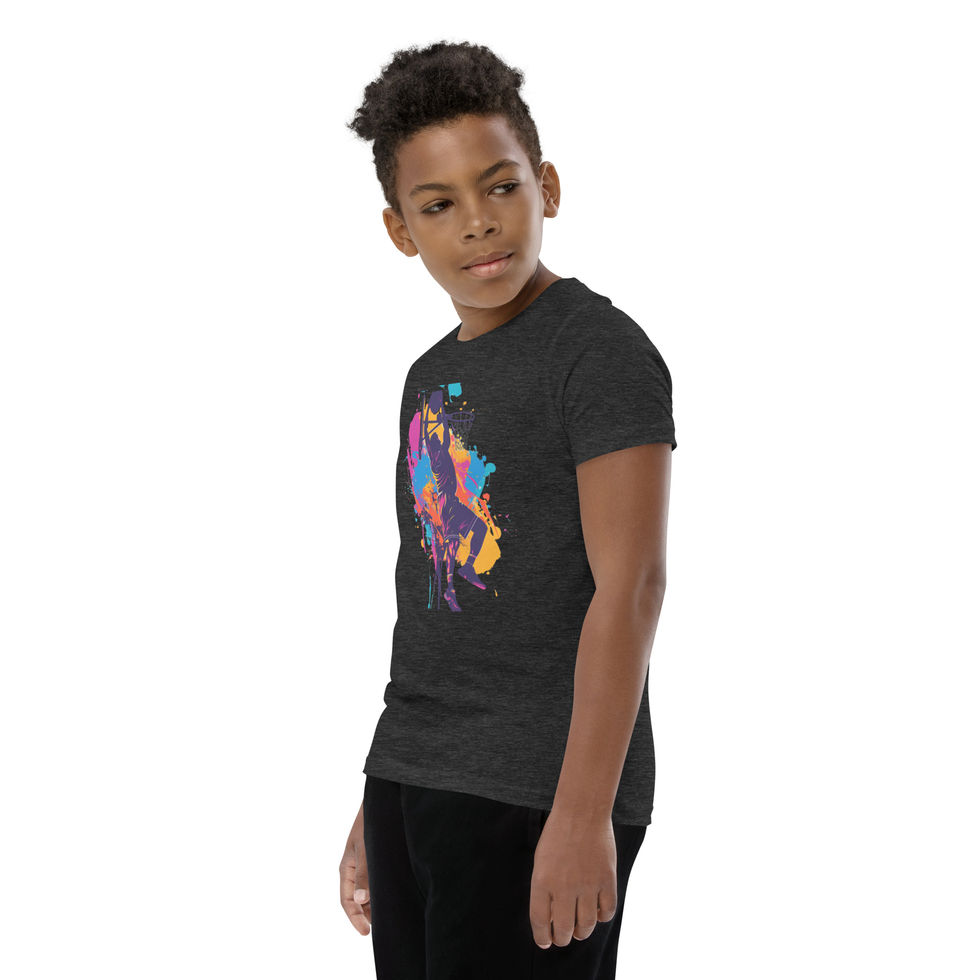 Painted Slam Dunk: dark grey heather youth short-sleeve T-shirt with a basketball dunk and paint splashes, child turned left