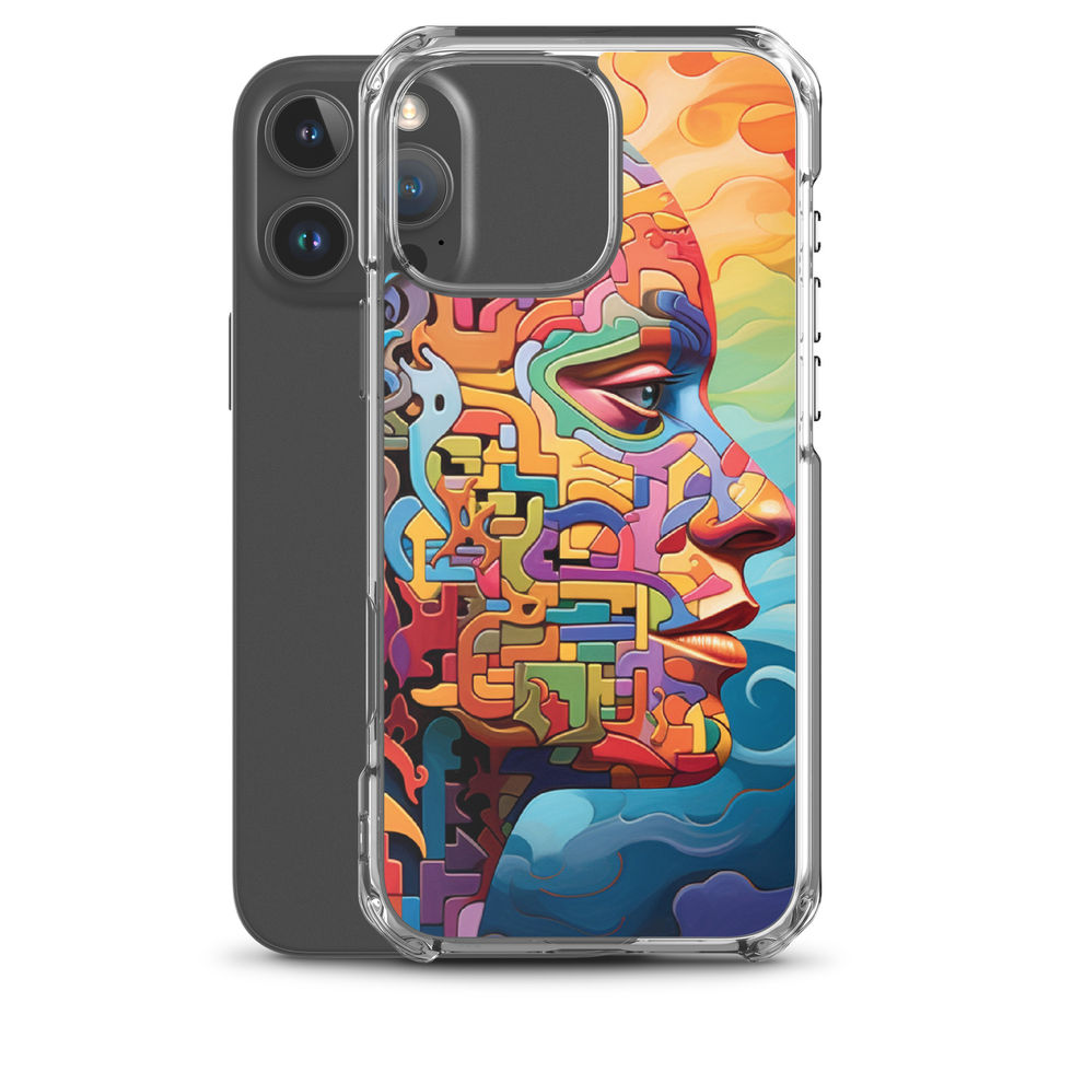 Labyrinth of Thought clear iPhone case with surreal maze portrait artwork, styled product view, image 42