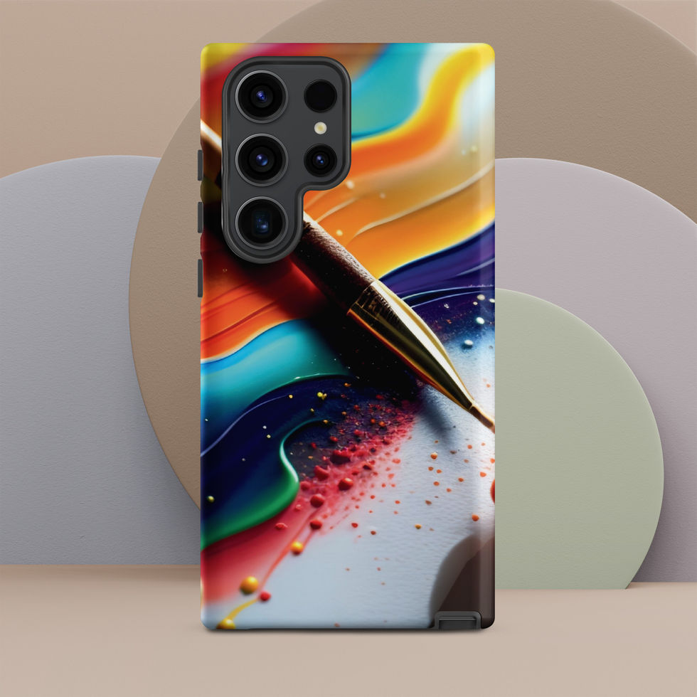 Abstract Samsung case mockup with yellow, red and blue paint-like layers across the printed shell.