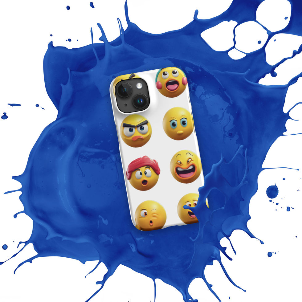 Emoji Frenzy snap iPhone case showing cartoon faces below the lens across its upright design, over a blue paint splash.