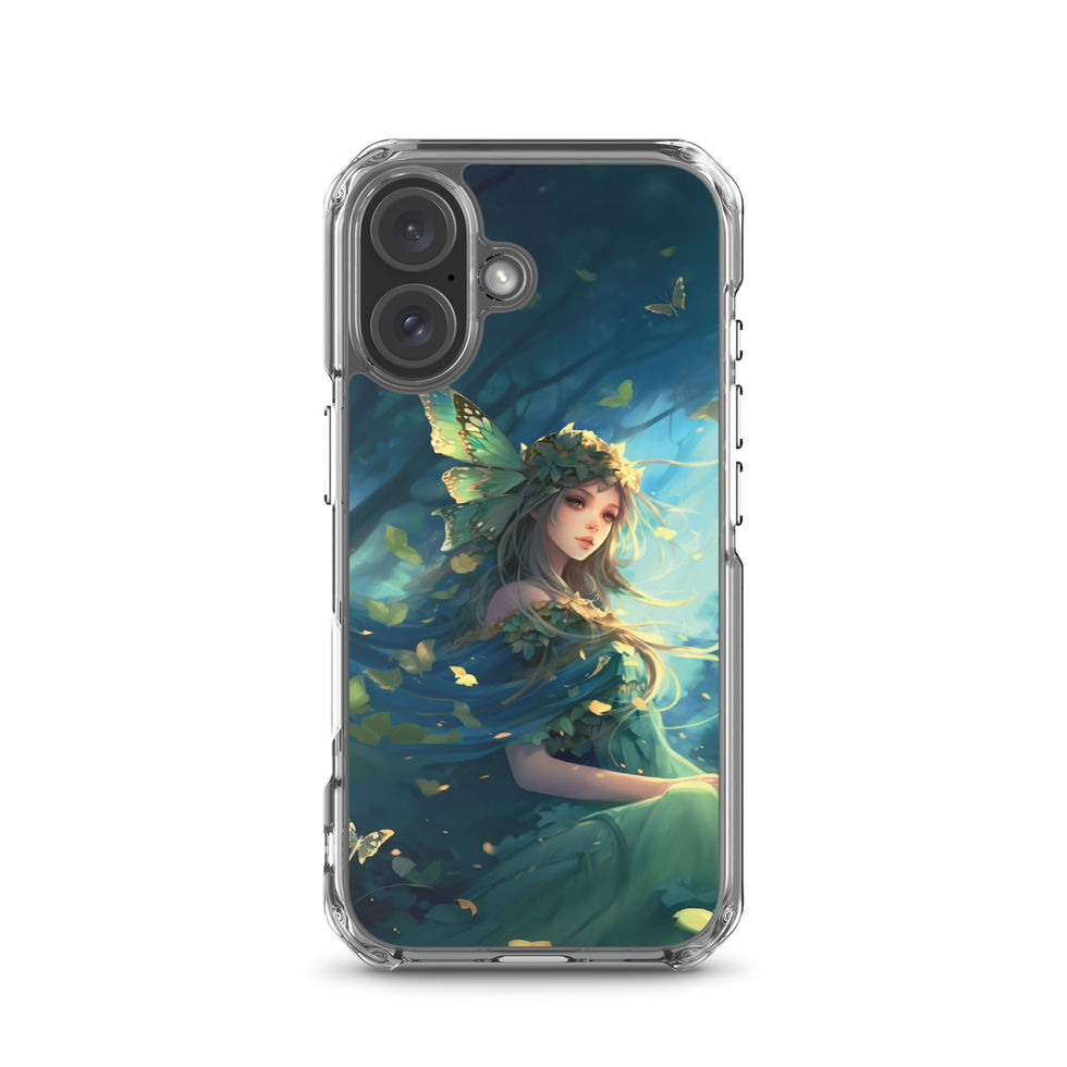 Printed back of Forest Enchantress iPhone clear case showing golden accents in the woodland