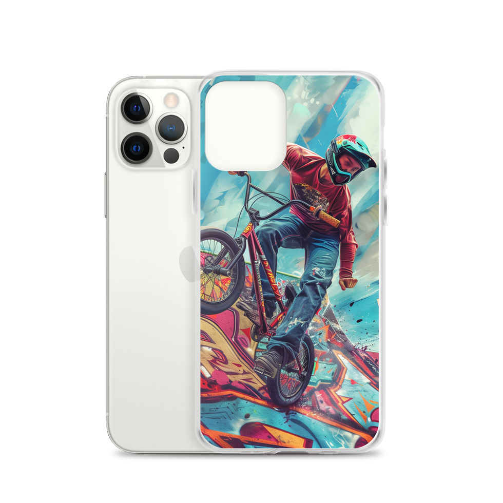 Ramp Rebel Clear case for iPhone 12 Pro, red-jacketed BMX rider and graffiti, rear view on white