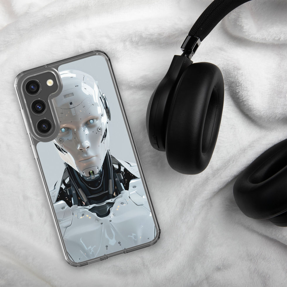 precision-engineered android on Samsung clear protective case, rear artwork close-up