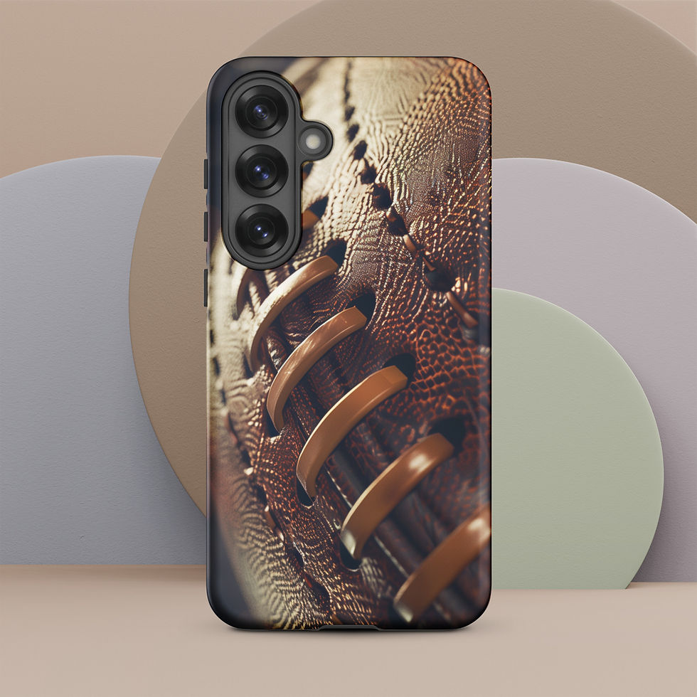 Stadium Lights Tough case for Galaxy S25 Plus, football artwork and golden laces, pastel shapes behind