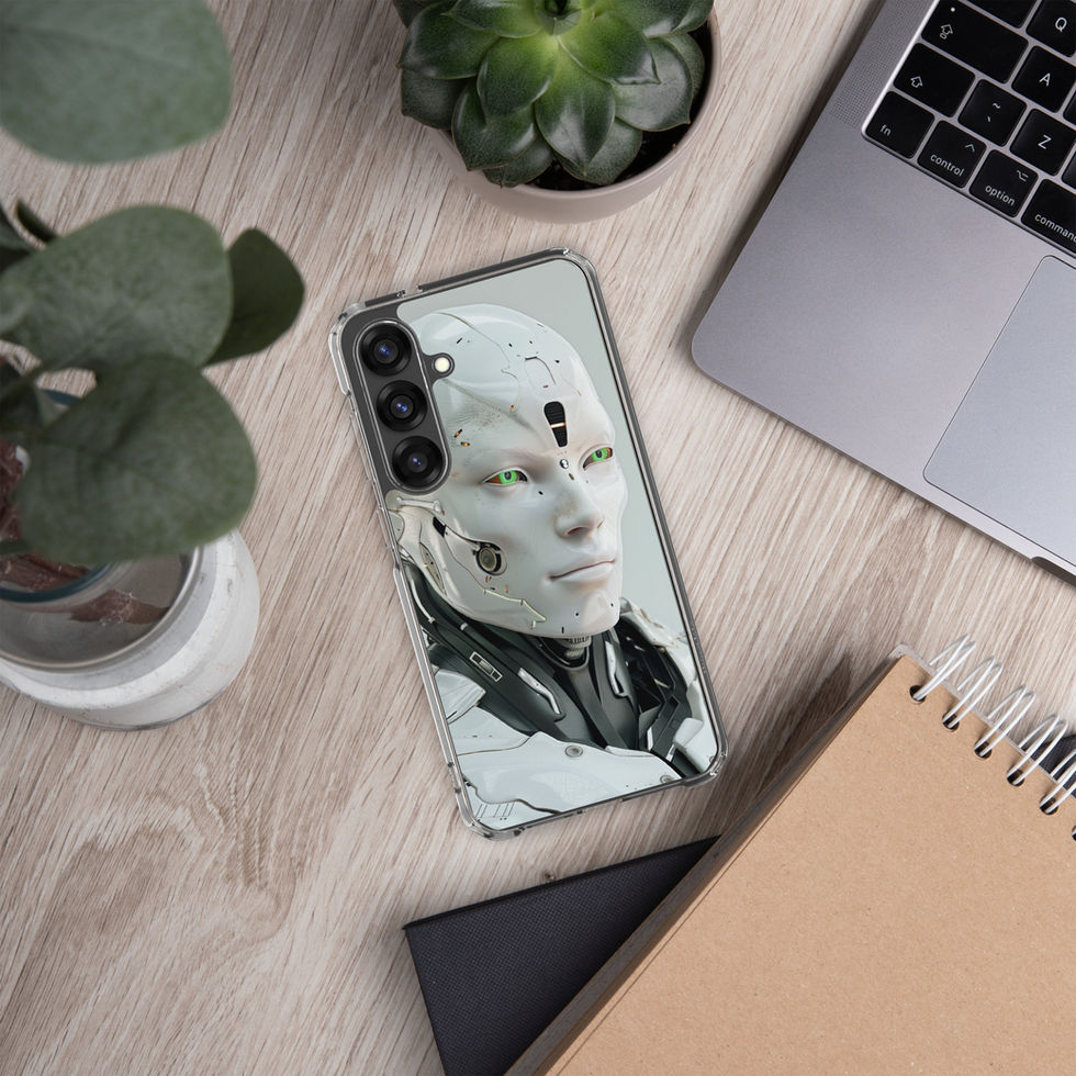 emerald-eyed synthetic being on Samsung clear protective case, angled phone case presentation