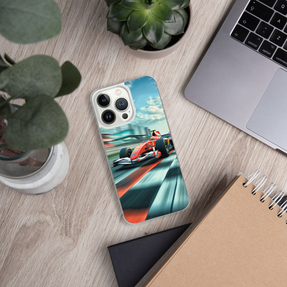 Victory Lap Clear case for iPhone 13 Pro, red race car on teal track, light desk with laptop and plants