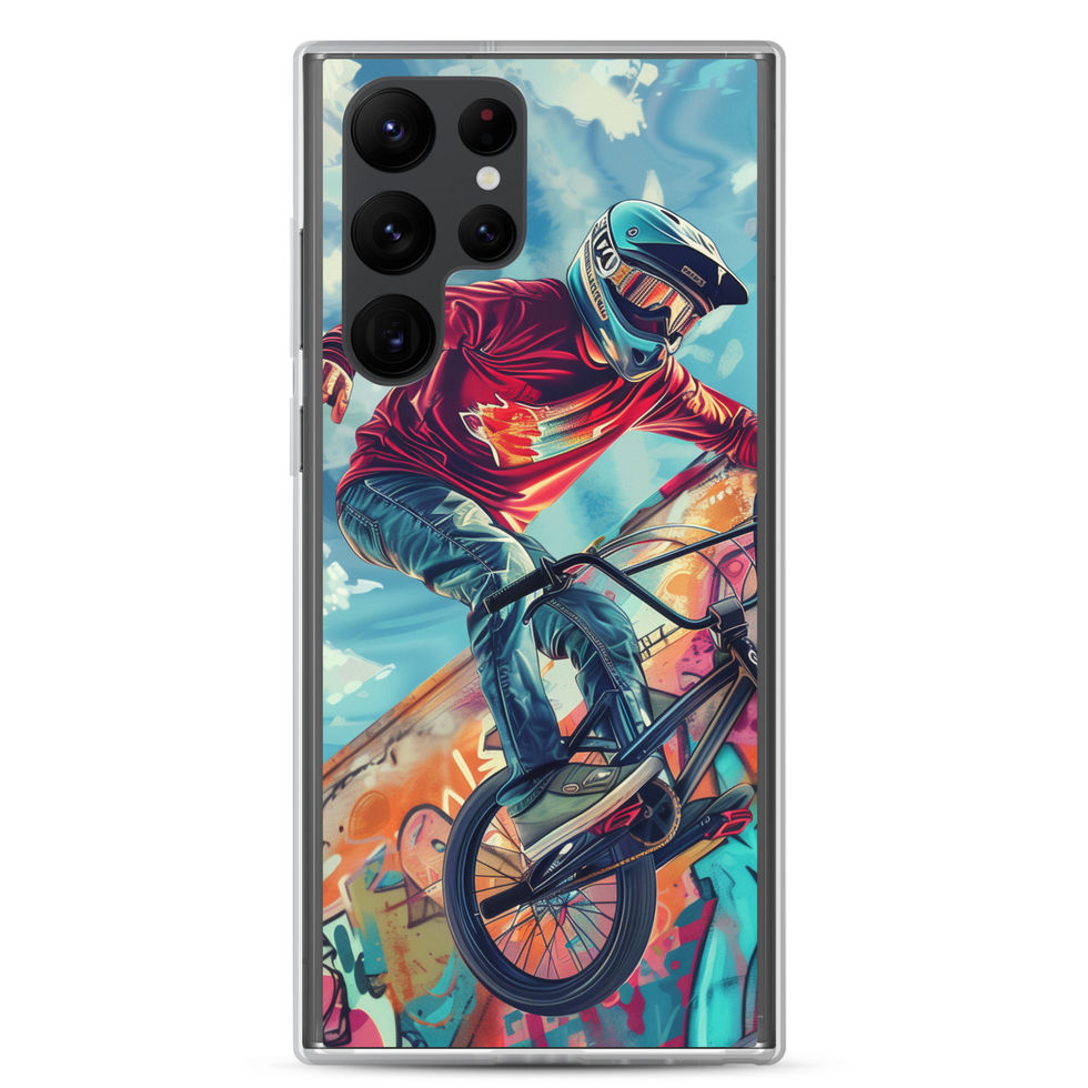 Graffiti Ride Clear case for Galaxy S22 Ultra, red-top BMX rider and vivid graffiti, rear view on white