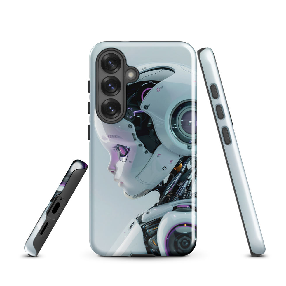 Cyan-lit android machinery printed on a protective Samsung case