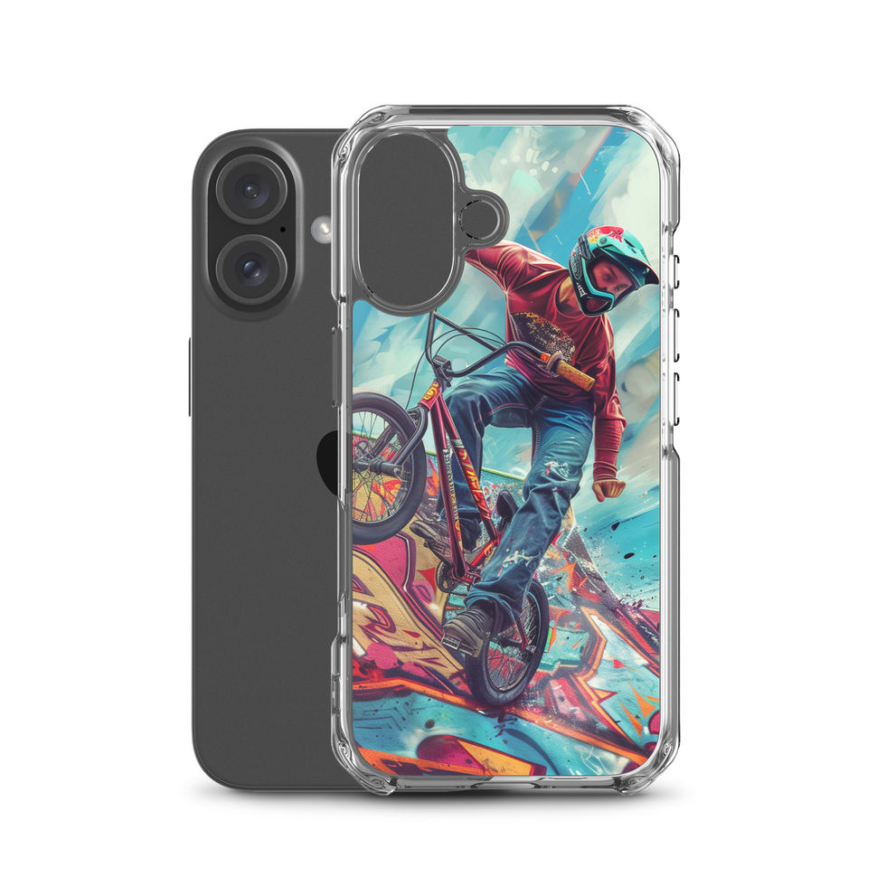 Ramp Rebel Clear case for iPhone 16, red-jacketed BMX rider and graffiti, rear view on white