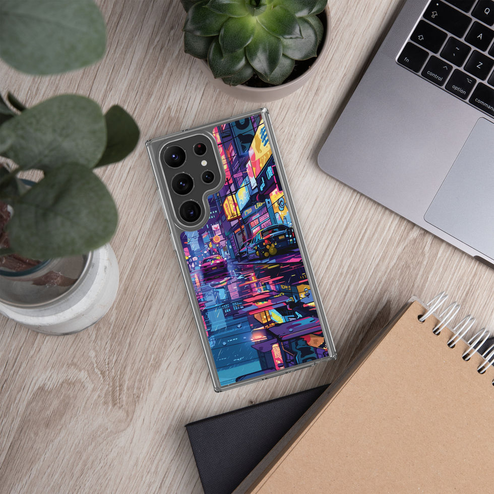 Clear Samsung case featuring Electric Boulevard art: reflections stretching across rain-soaked pavement.