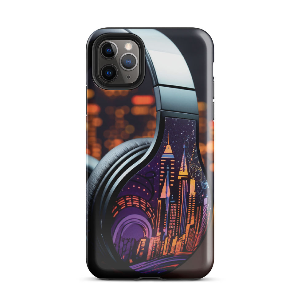 Neon Skyline tough case showing glowing city buildings and purple headphone curves for iPhone 12 mini