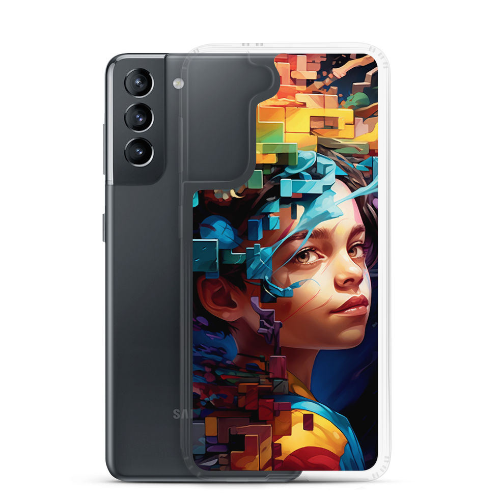 Neon Mindscape clear Samsung phone case with vivid geometric portrait artwork, upright display