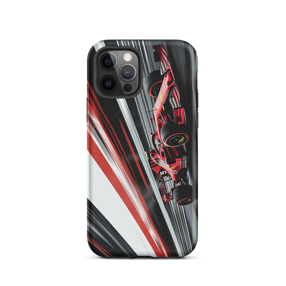Velocity Strike Tough case for iPhone 12 Pro, red race car and diagonal track lines, rear view on white background