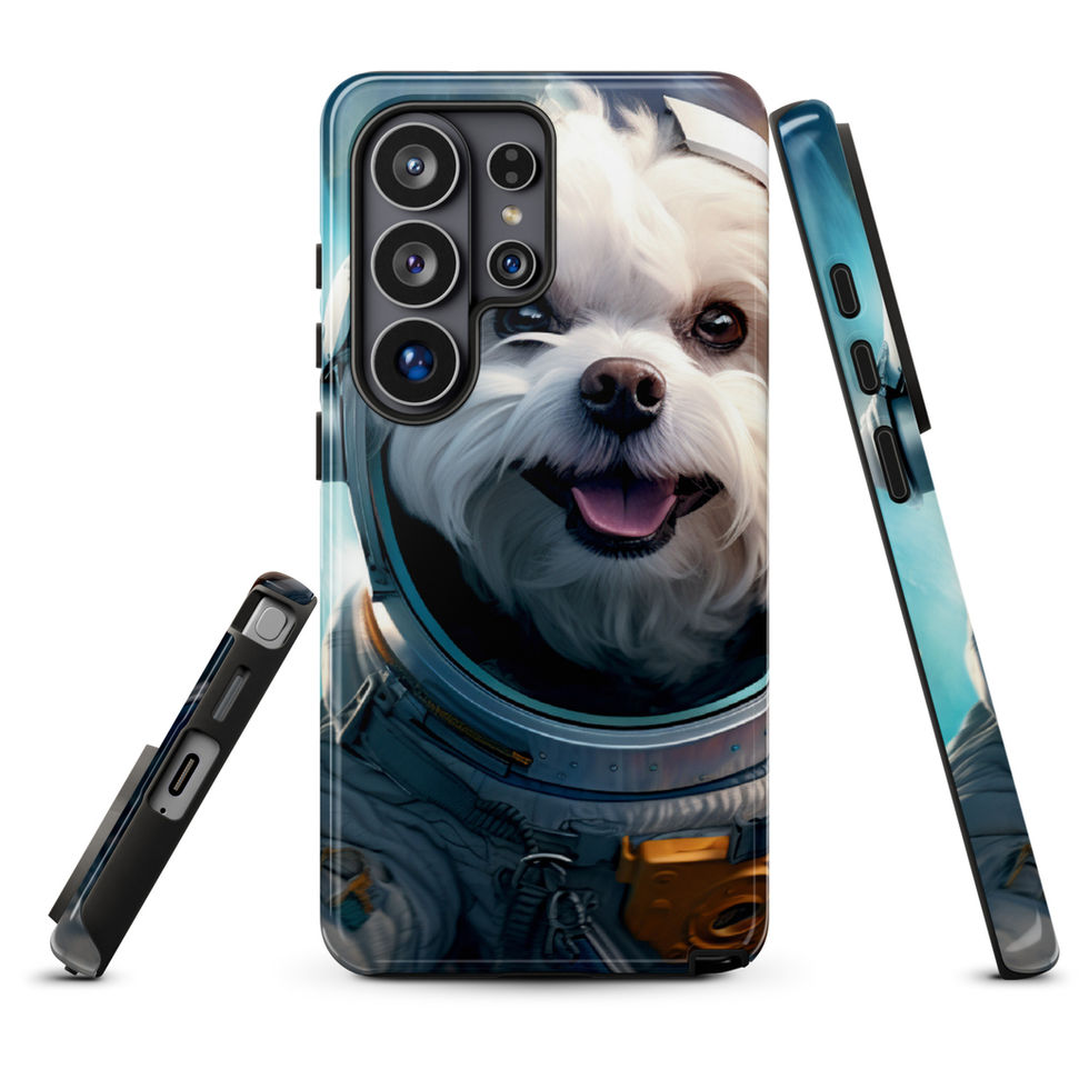 Cosmo Pup galaxy dog Samsung tough case โ button-side detail in bright lifestyle scene