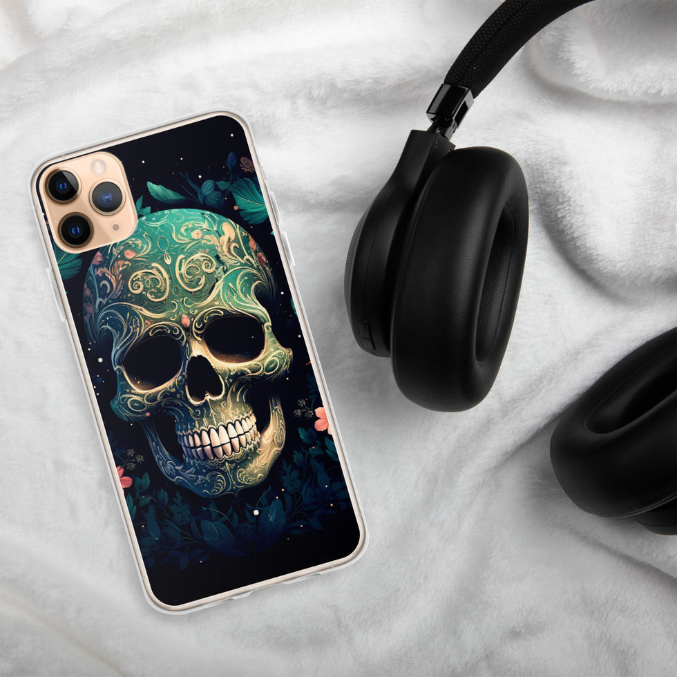Emerald Requiem clear iPhone case showing deep black eye sockets framed by turquoise flourishes