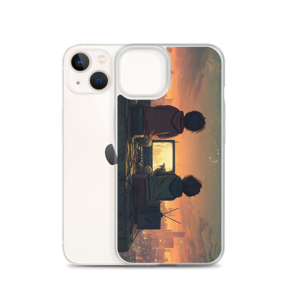 Rooftop Retro Nights neon rooftop gaming artwork on iPhone 16 Pro clear phone case, angled view, gallery image 22