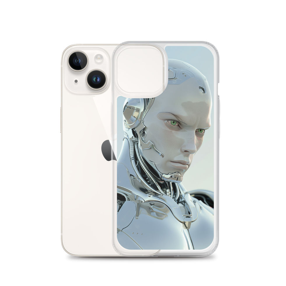 Chrome Sentinel clear iPhone case — downward-looking robot expression on a full clear-case mockup