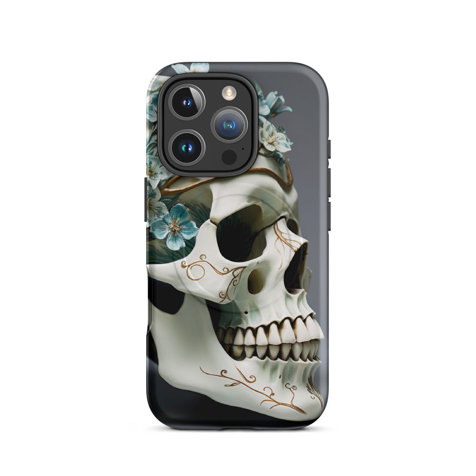 Botanical skull illustration across a MagSafe case with teal flowers and curling accents