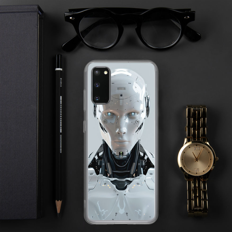 silver and black robot art on Samsung clear protective case, product mockup with camera cutout visible