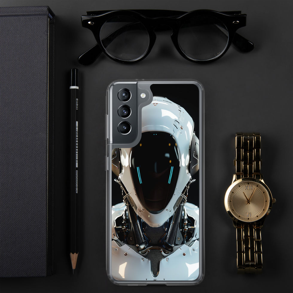 Void Sentinel clear Samsung case – straight-on view featuring the mysterious AI guardian design