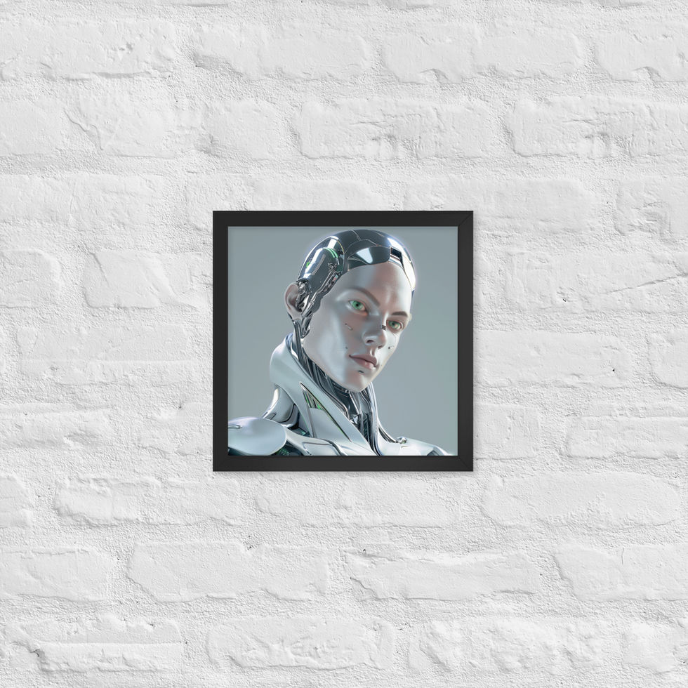 Futuristic Visionary framed poster: silver shoulders below an exposed neck of thin black wires
