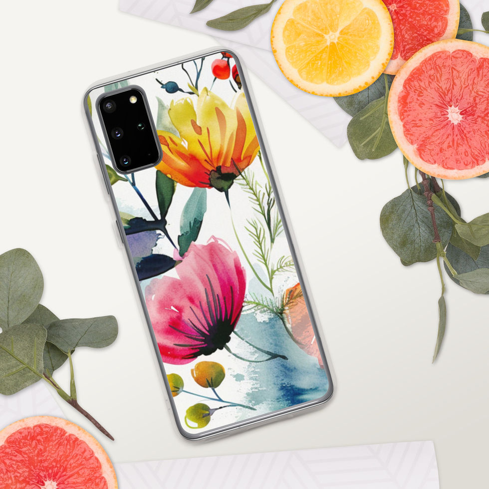 Crimson Meadow clear case for Samsung Galaxy S20, rear floral artwork view with vivid crimson, coral and blush flowers
