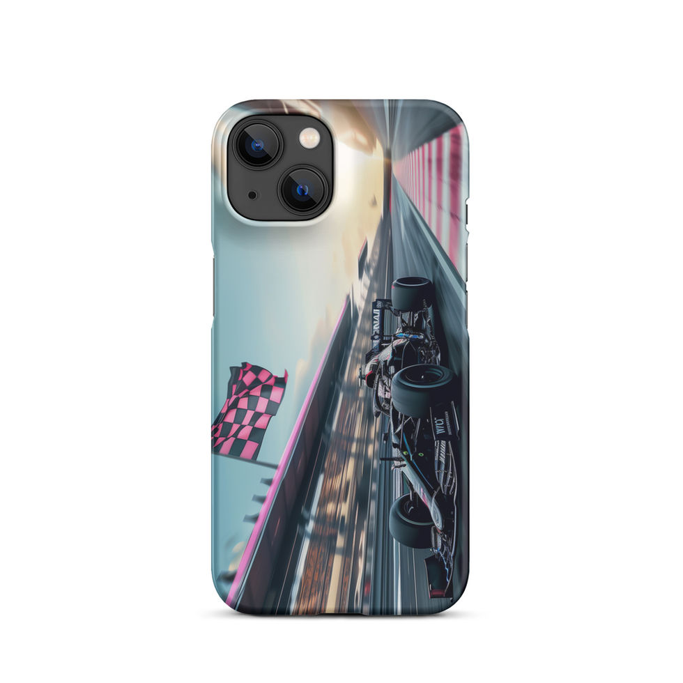 Blackout Champion Snap case for iPhone 14, dark race car and pink flags, rear view on white