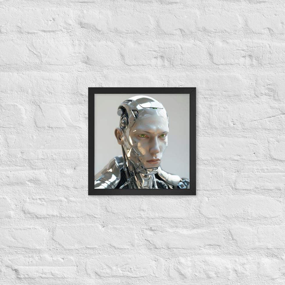 Cyborg Genesis framed poster: circular mechanical ear beside a pale chrome temple