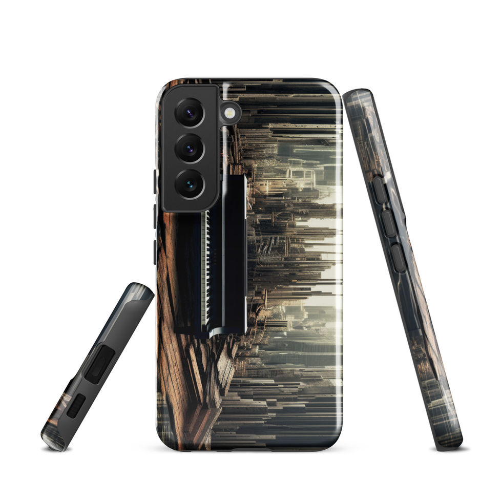 Urban Sonata protective Samsung Tough Case angled view beside headphones, showing the piano and skyline artwork, image 2.