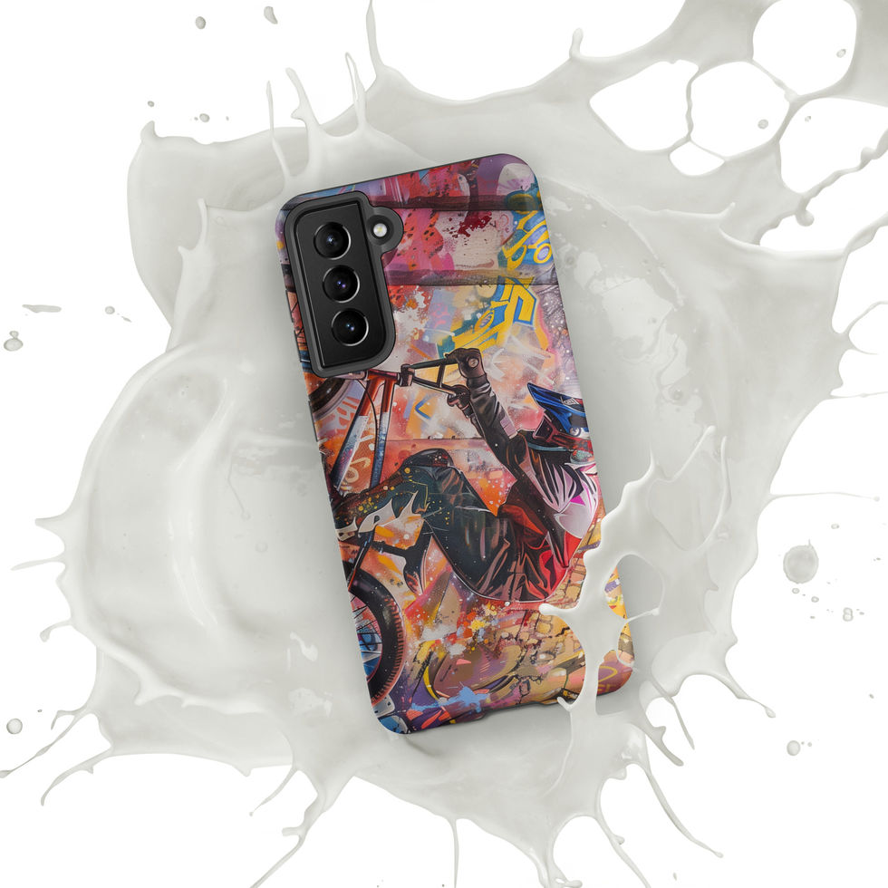 Graffiti Grind Tough case for Galaxy S21, BMX rider amid pink and yellow graffiti, white paint splash