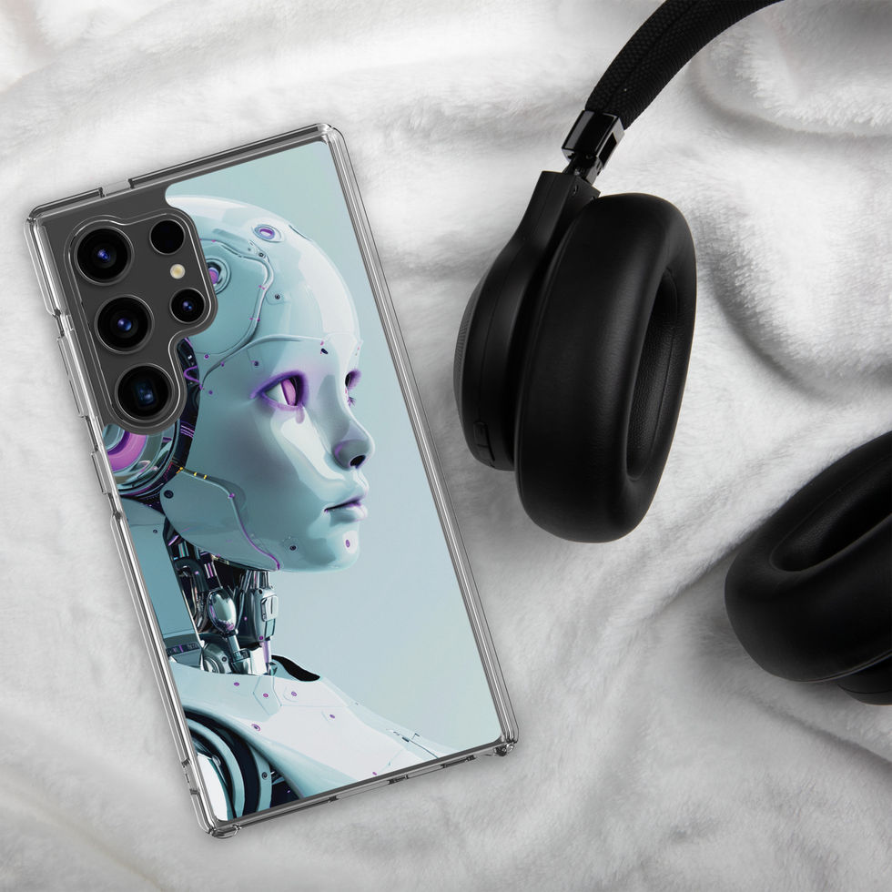 Samsung case edge detail with a futuristic female robot portrait