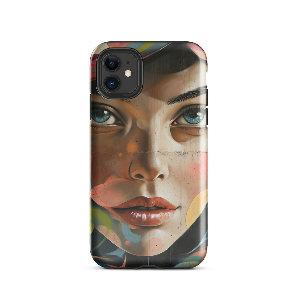 Urban Muse iPhone Tough for iPhone 11, rear view with a female portrait with teal and coral graffiti.