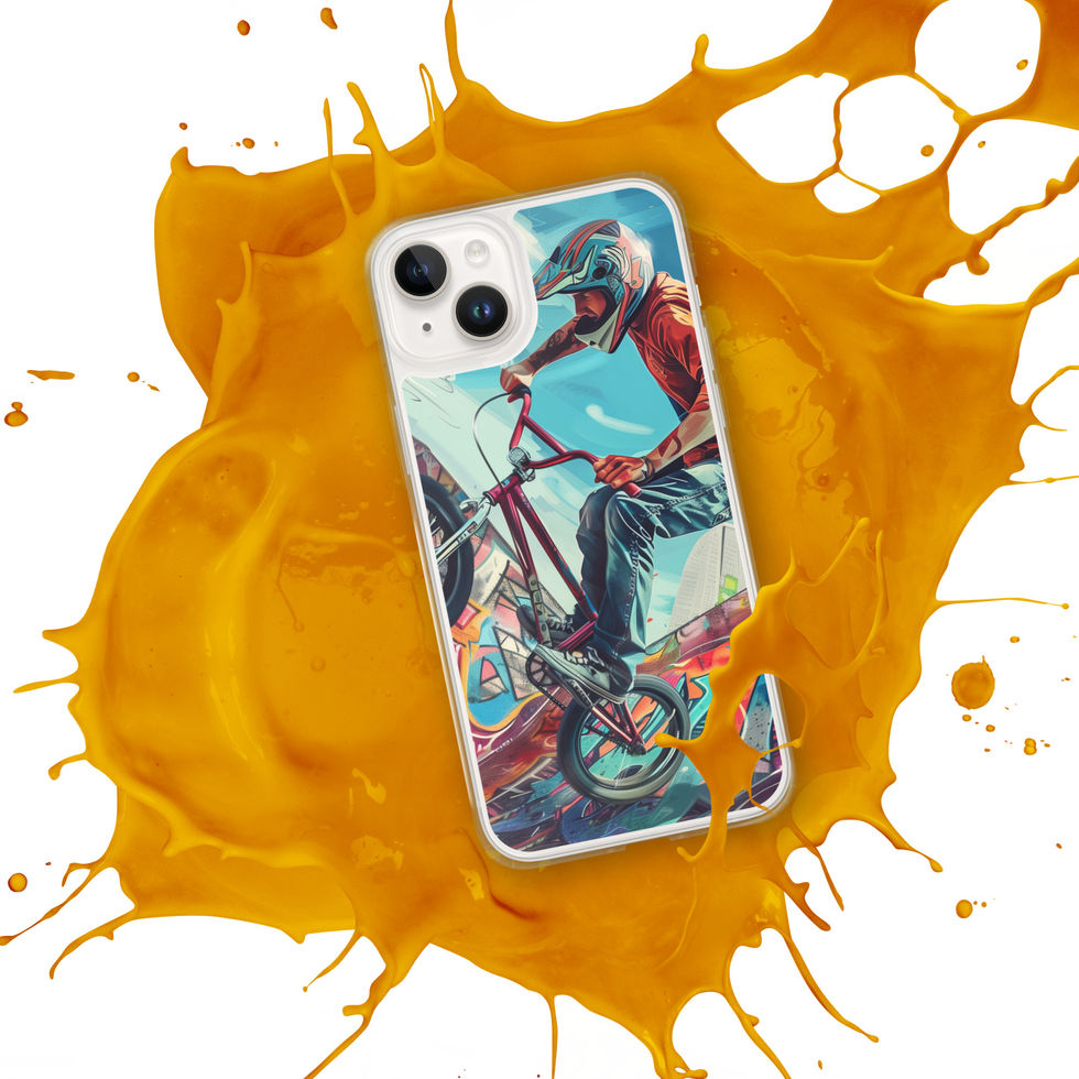 Urban Freestyle Clear case for iPhone 14 Plus, BMX rider and colourful graffiti, orange paint splash background