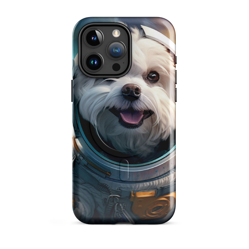 Cosmo Pup astronaut dog MagSafe iPhone case — artwork close-up in studio mockup