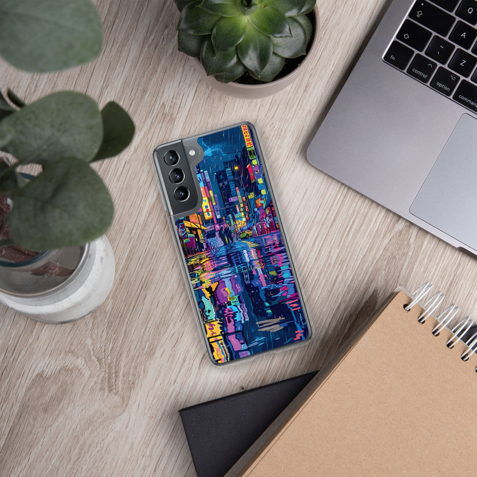 Neon Rain clear Samsung case featuring colourful illuminated signs against a dark rainy city.