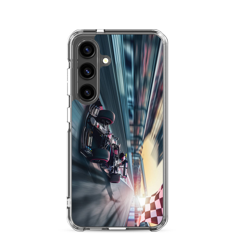 Final Lap Clear case for Galaxy S24, dark race car and blurred track artwork, phone and case on white
