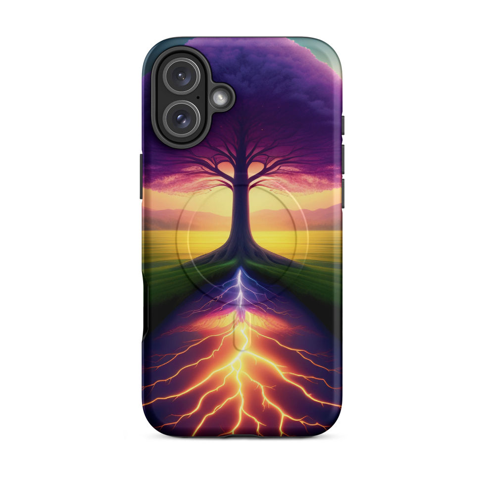 Ethereal Roots MagSafe iPhone case with purple treetop above an orange-root glow.