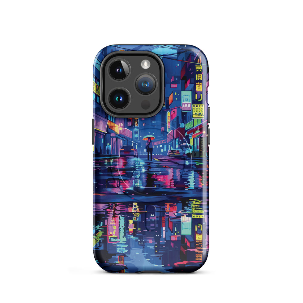 Neon Reflection MagSafe iPhone case with pink and yellow signs in a rainy city scene