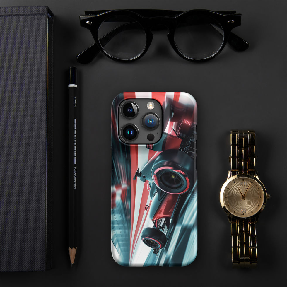 Podium Pursuit Snap case for iPhone 15 Pro, red race car and track streaks, black desk with glasses and watch